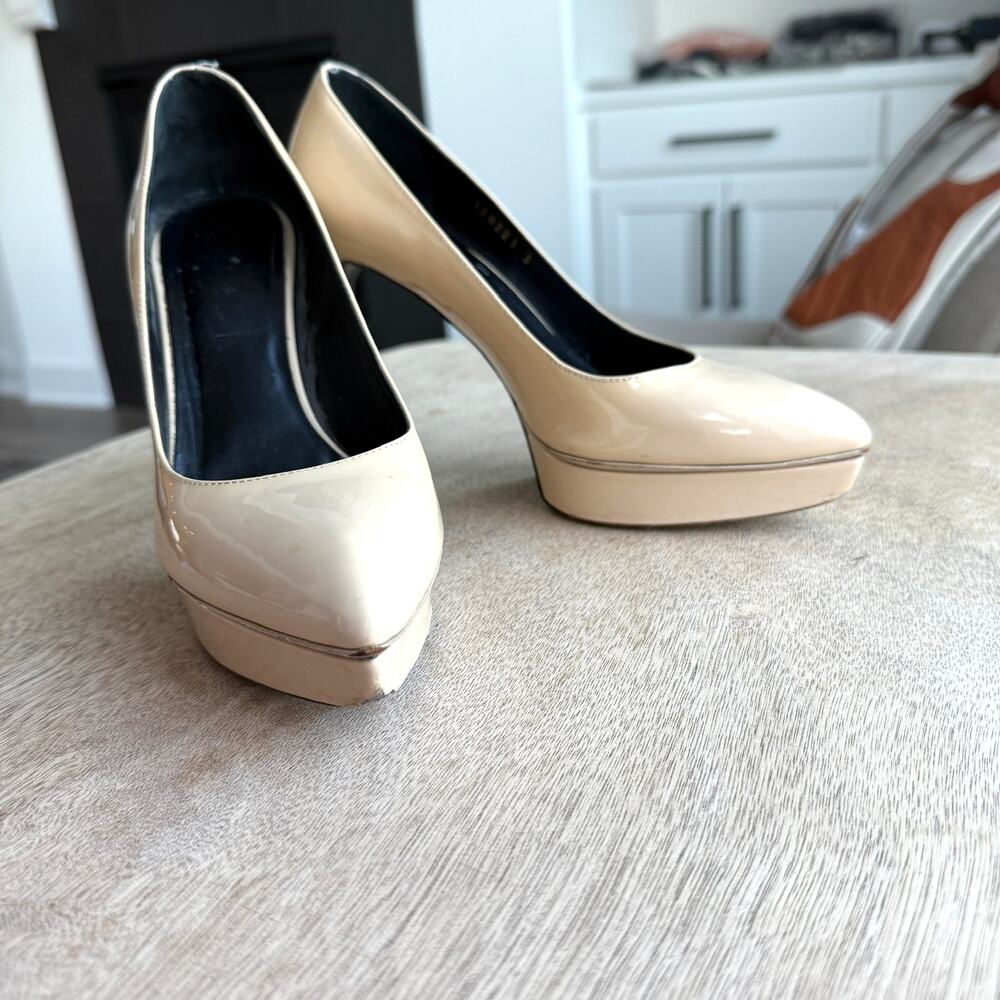 SAINT LAURENT Paris Platform Heels Nude Patent Leather Size 37.5 Italy Glam - Picture 11 of 12